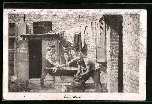 AK Soldaten des 1. Weltkrieg, Soldaten am Trog bei der Grossen Wäsche