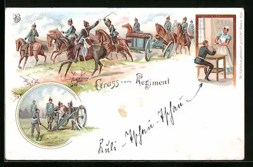 Lithographie Regiment zu Pferd reitet ins Gefecht, Artilleriegeschütz