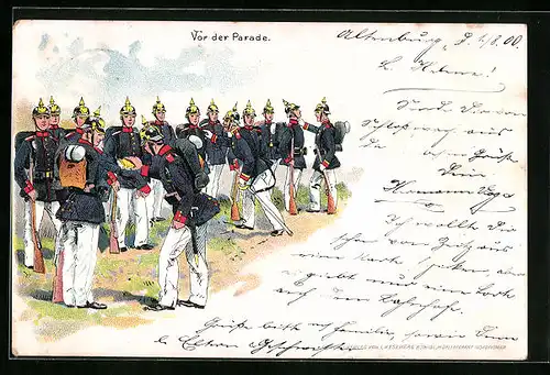 Lithographie Soldaten der Infanterie vor der Parade