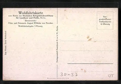 Künstler-AK Wohlfahrtskarte zum Besten der Deutschen Kriegsblindenstiftung