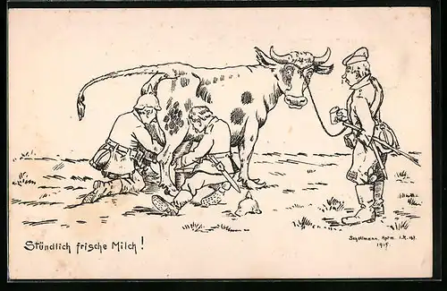 Künstler-AK sign. Schellmann: Soldaten melken eine Kuh für stündlich frische Milch