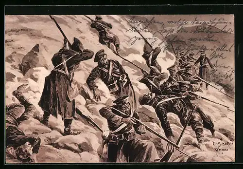 Künstler-AK Soldaten in einer Schlachtszene, Russland