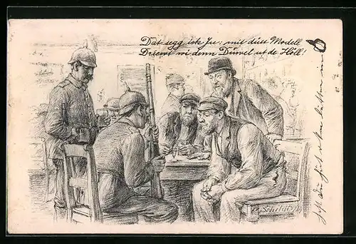 Künstler-AK sign. Schildt: Soldaten mit alten Herren am Tisch das Gewehrmodell wird begutachtet, 1. Weltkrieg