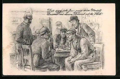Künstler-AK sign. Schildt: Männer mit Soldaten am Tisch, das Gewehr im Mittelpunkt