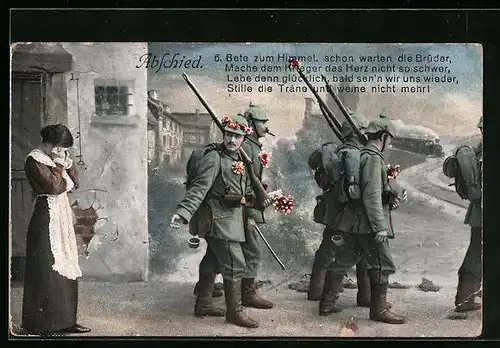 AK Abschied, Soldaten marschieren in Uniform in den Krieg, Soldatenliebe