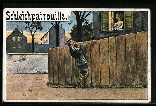 Künstler-AK Schleichpatrouille, Mann am Zaun beobachtet eine junge Frau, Soldatenliebe