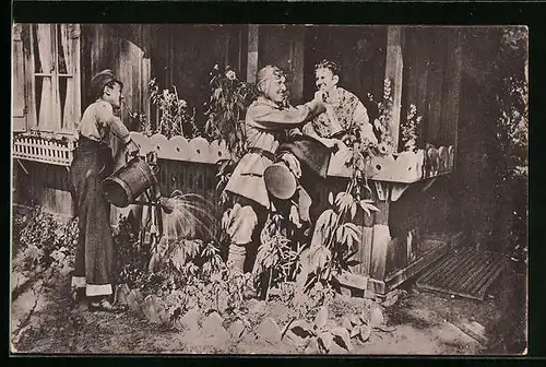 AK Plauderstündchen, Soldat lehnt an der Veranda bei seiner Liebsten, Soldatenliebe