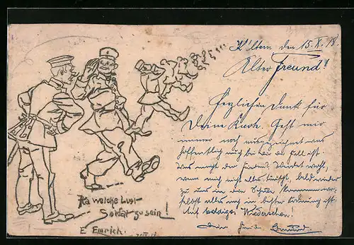 Künstler-AK Welche Lust Soldat zu sein, Soldaten marschieren in Uniform, Soldatenhumor