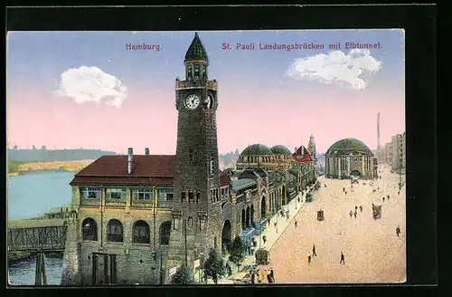 AK Hamburg-St. Pauli, Landungsbrücken mit Elbtunnel