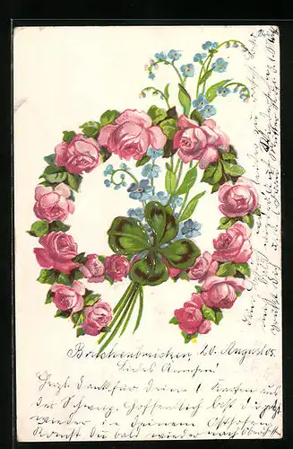 Präge-AK Hufeisen geformt aus Rosenblüten mit Kleeblatt, Blumenbild