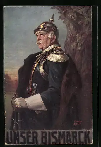 AK Unser Bismarck, uniformiert mit Pickelhaube am Baum stehend
