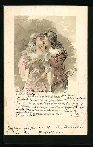 Lithographie Behüt Dich Gott! Der erste Kuss