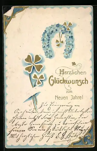 Präge-AK Vergissmeinnicht in Form eines Hufeisens, goldfarbenes Klee und Neujahrsgruss