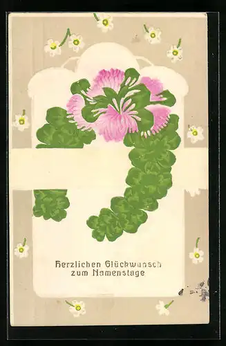 Präge-AK Hufeisen geformt aus Kleeblättern, Blumenbild