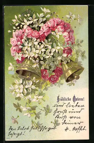 Präge-AK Blumenbild mit Herz geformt aus Rosenblüten und Glocken
