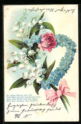 AK Blumenbild mit Herz aus Vergissmeinnicht, Rose und Maiglöckchen im Gebinde