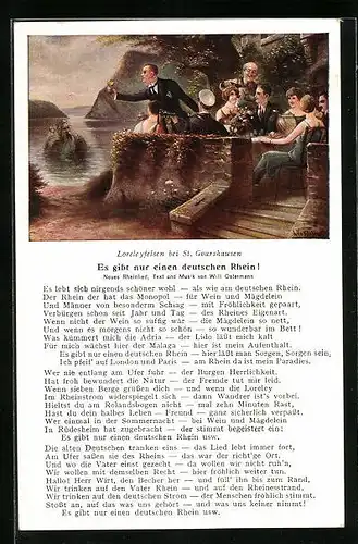 Künstler-AK Es gibt nur einen deutschen Rhein!, Textzeilen des neuen Rheinliedes, Loreleyfelsen bei St. Goarshausen