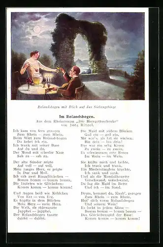 AK Im Rolandsbogen, aus dem Rheinroman Die Herrgottschenke, Liedtext, Rolandsbogen mit Blick auf das Siebengebirge
