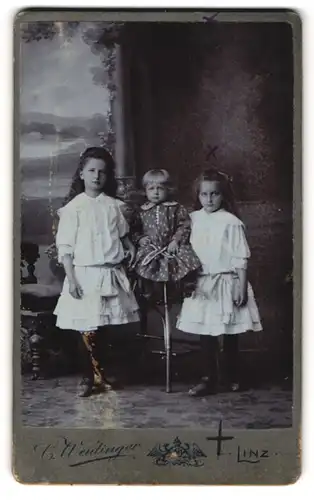 Fotografie C. Weidinger, Linz, Zwei Mädchen in Kleidern mit Kleinkind