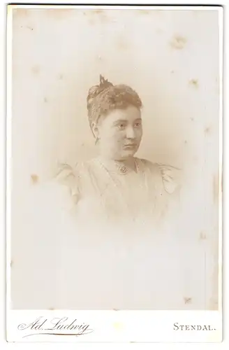 Fotografie Ad. Ludwig, Stendal, Winckelmannsplatz, Junge Dame mit Hochsteckfrisur und Kragenbrosche