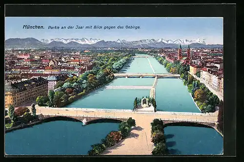 AK München, Partie an der Isar mit Blick gegen das Gebirge