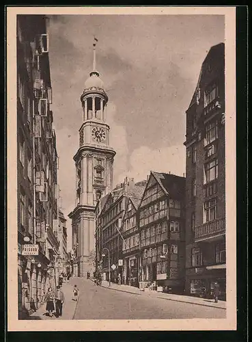 AK Hamburg, Strassenblick zur St. Michaelis-Kirche