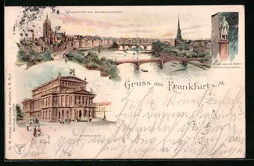 Lithographie Frankfurt / Main, Opernhaus, Denkmal Kaiser Karl der Grosse, Gesamtansicht vom Sachsenhausen