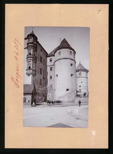 Fotografie Brück & Sohn Meissen, Ansicht Torgau, Pferdefuhrwerk am Schloss