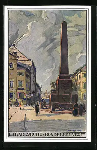 Künstler-AK sign. W. Hempfing: Karlsruhe, Am Rondellplatz