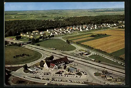 AK Leipheim /Donau, Autobahn-Rasthaus und Motel, Fliegeraufnahme