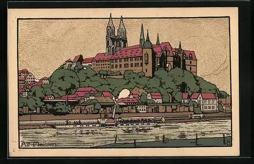 Steindruck-AK Alt-Meissen, Ortspartie mit Albrechtsburg und Dom, Dampfer