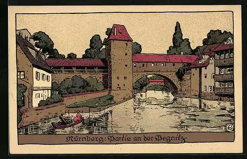 Steindruck-AK Nürnberg, Ortspartie an der Pegnitz