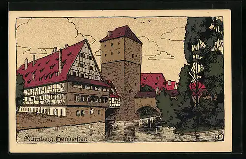 Steindruck-AK Nürnberg, Flusspartie am Henkersteg