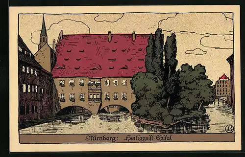 Steindruck-AK Nürnberg, Flusspartie am Heiliggeist-Spital