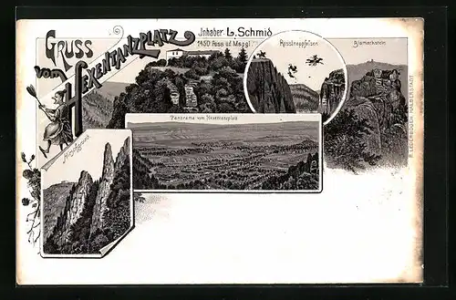 Lithographie Thale, Restaurant am Hexentanzplatz, Rosstrappfelsen, Bismarckstein, Panorama