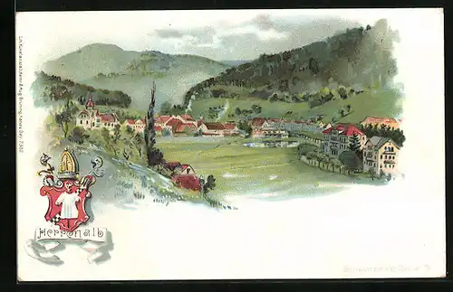 Lithographie Herrenalb, Ortsansicht aus der Ferne