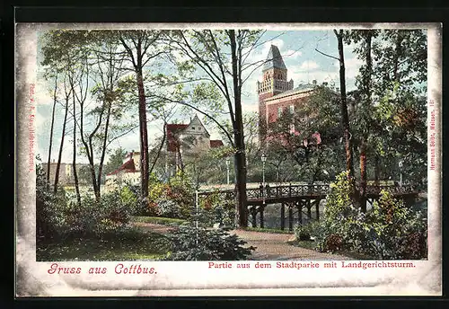 AK Cottbus, Partie aus dem Stadtpark mit Landgerichtsturm