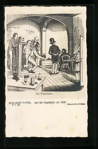 Künstler-AK Berliner-Typen, Auf der Kegelbahn um 1856