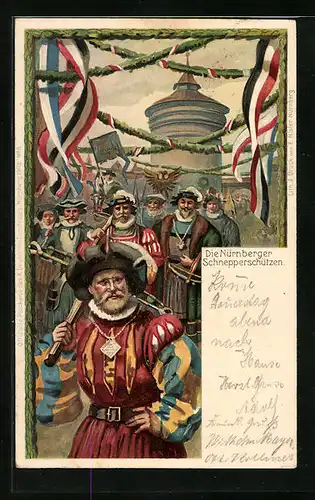 Künstler-AK Nürnberg, Die Nürnberger Schnepperschützen, X. Deutsches Turnfest 1903