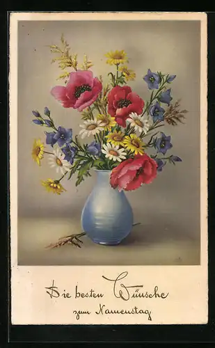 AK Blumenstrauss mit rotem Mohn