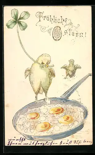 Präge-AK Fröhliche Ostern, Vögel mit Kleeblatt neben Bratpfanne mit Spiegeleiern