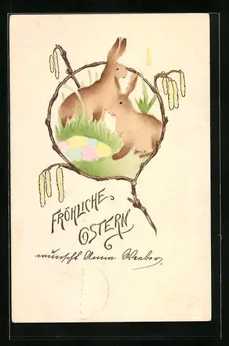 Präge-AK Osterhasen mit Eiern zu Ostern