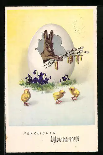 Künstler-AK Herzlichen Ostergruss, Osterhase mit Küken