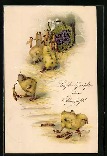 Präge-AK Osterküken mit Veilchen