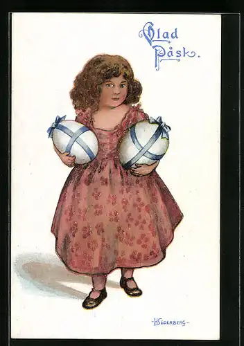 Künstler-AK Ostergrüsse, Mädchen mit Ostereiern