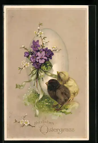 Präge-AK Osterküken mit Ei und Veilchen