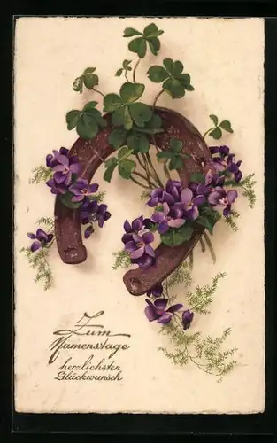 Künstler-AK Hufeisen mit Kleeblättern zum Namenstag