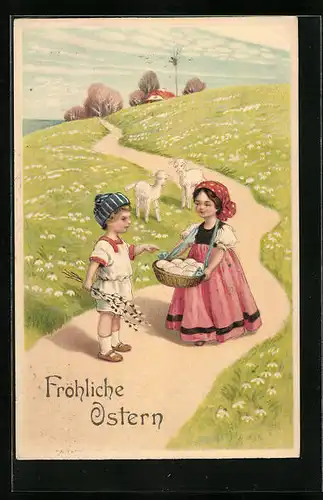 Präge-AK Junge neben Mädchen am Wegesrand mit Lämmchen