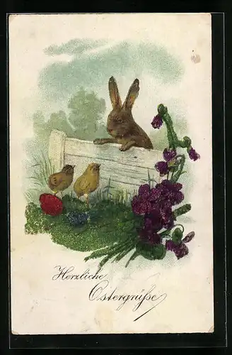 Künstler-AK Osterhase mit Küken am Zaun