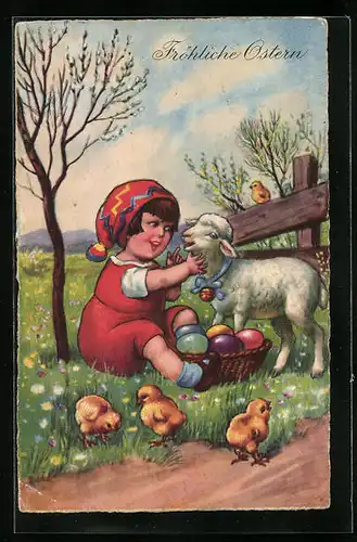 Künstler-AK Freudiges Mädchen am Wegesrand mit Osterküken und Lamm